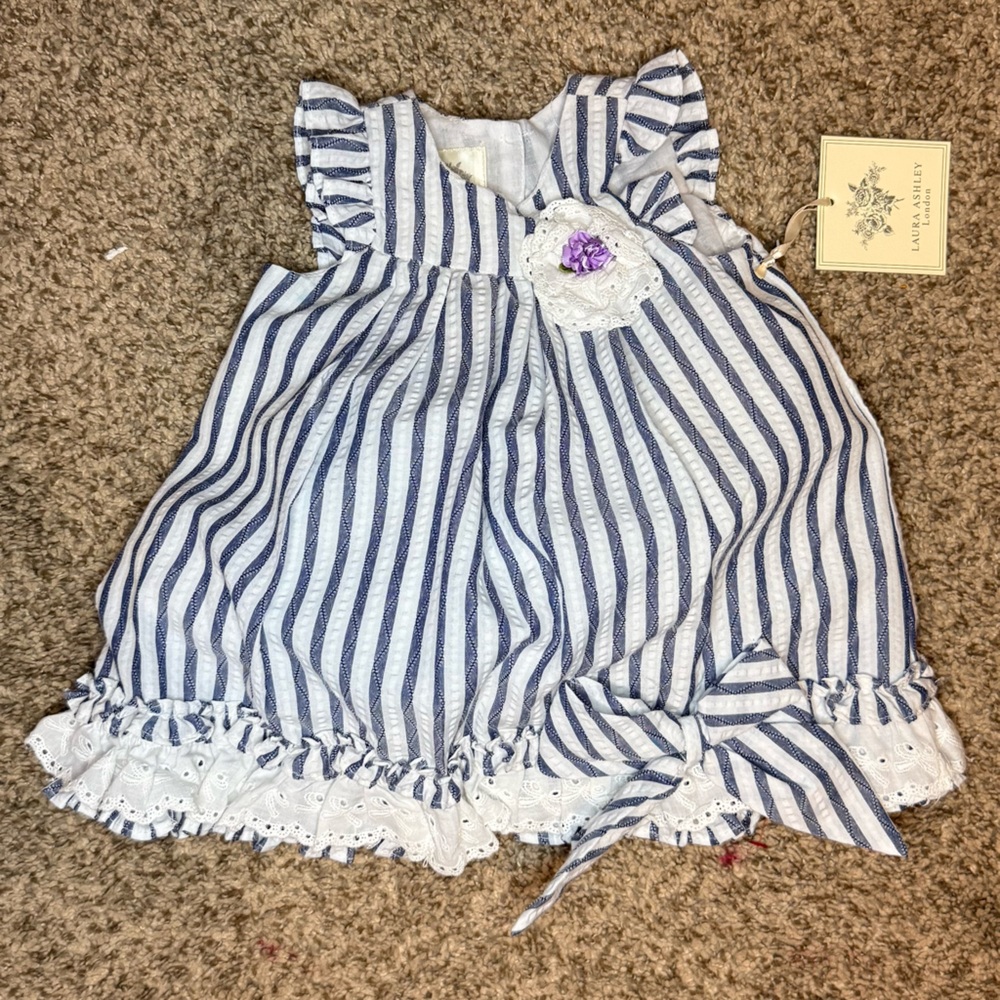 NWT Laura Ashley Striped Blue and White Kids Dress